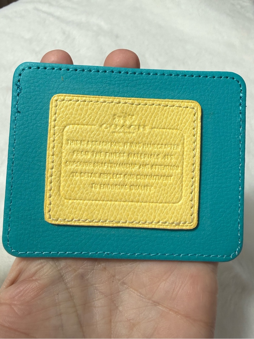 Turquoise coach repurposed Leather Card Pocket with Yellow Patch upcycled
